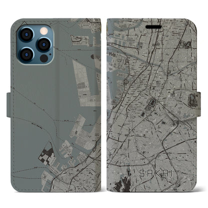 【堺（大阪府）】地図柄iPhoneケース（手帳タイプ）モノトーン・iPhone 12 / 12 Pro 用