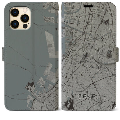 【堺（大阪府）】地図柄iPhoneケース（手帳タイプ）モノトーン・iPhone 12 Pro Max 用