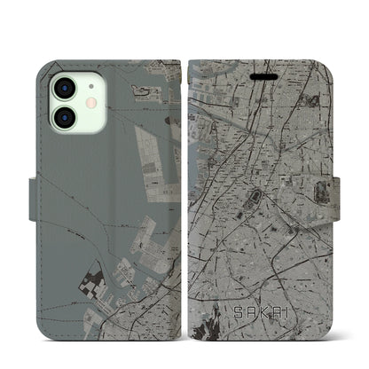 【堺（大阪府）】地図柄iPhoneケース（手帳タイプ）モノトーン・iPhone 12 mini 用