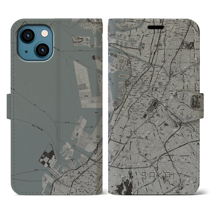 【堺（大阪府）】地図柄iPhoneケース（手帳タイプ）モノトーン・iPhone 13 用