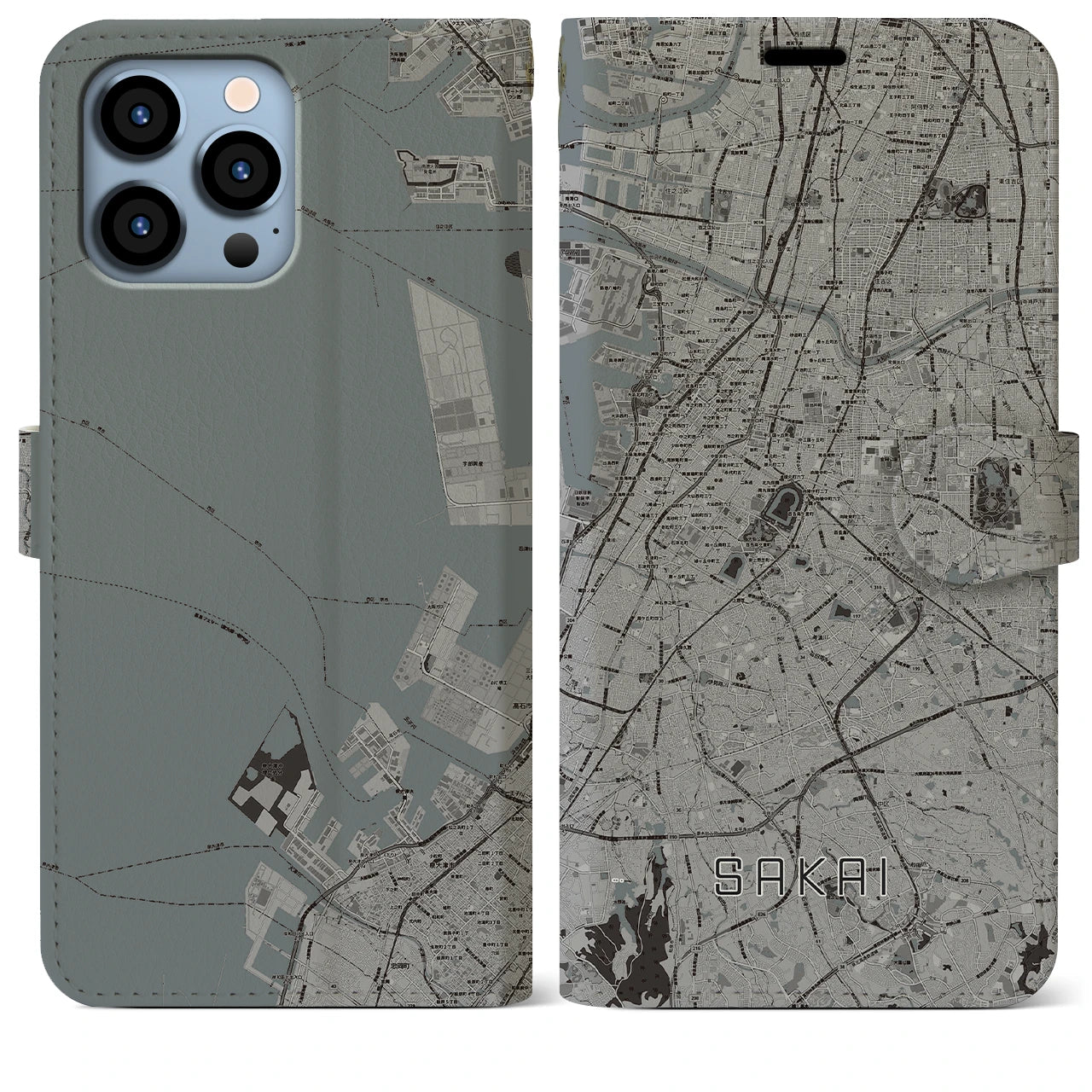 【堺】地図柄iPhoneケース（手帳両面タイプ・モノトーン）iPhone 13 Pro Max 用