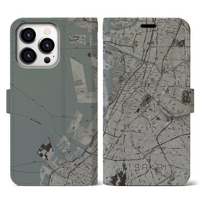 【堺（大阪府）】地図柄iPhoneケース（手帳タイプ）モノトーン・iPhone 13 Pro 用