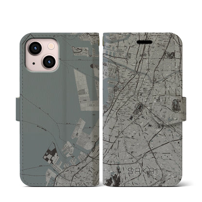 【堺（大阪府）】地図柄iPhoneケース（手帳タイプ）モノトーン・iPhone 13 mini 用