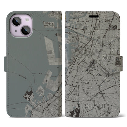 【堺（大阪府）】地図柄iPhoneケース（手帳タイプ）モノトーン・iPhone 14 用
