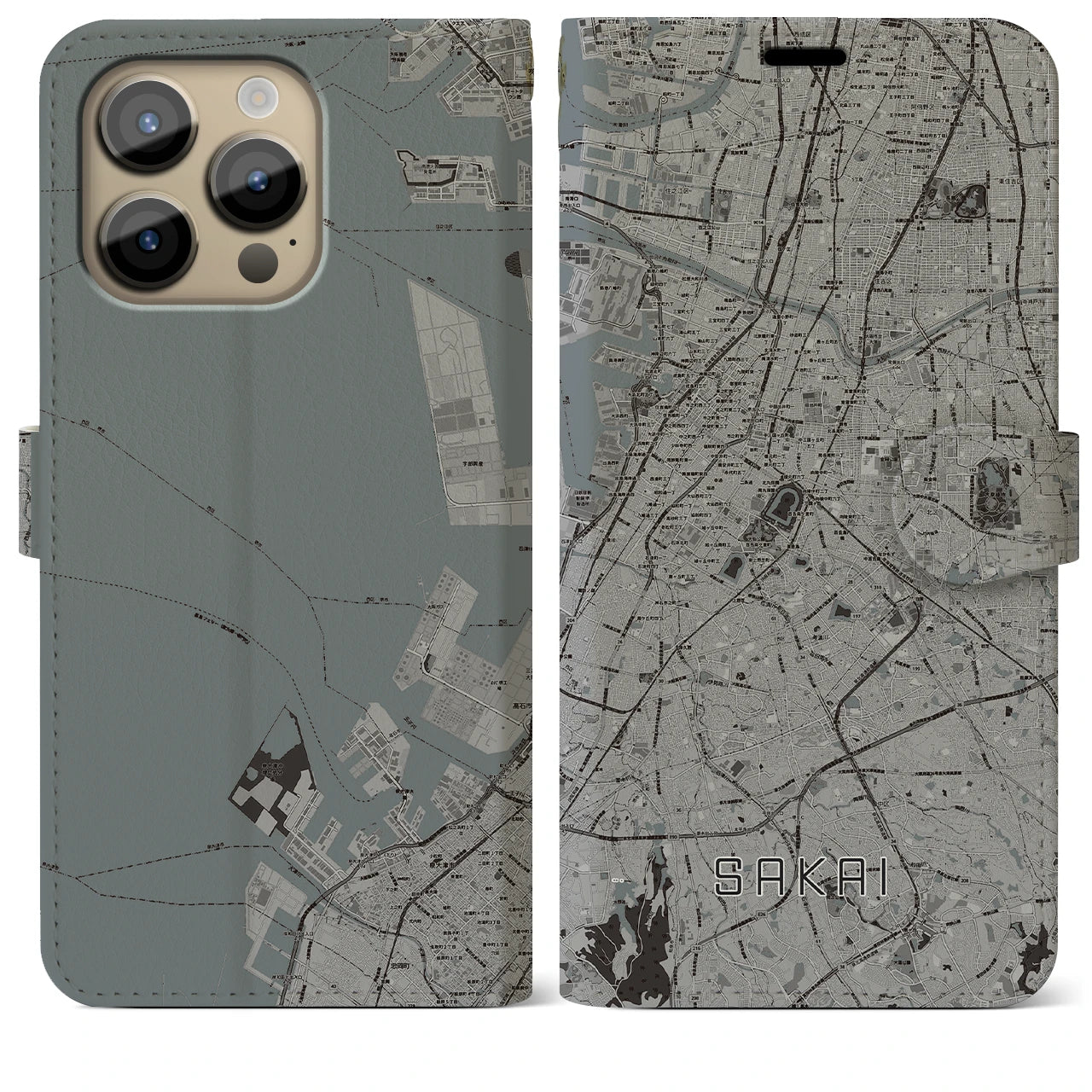 【堺】地図柄iPhoneケース（手帳両面タイプ・モノトーン）iPhone 14 Pro Max 用
