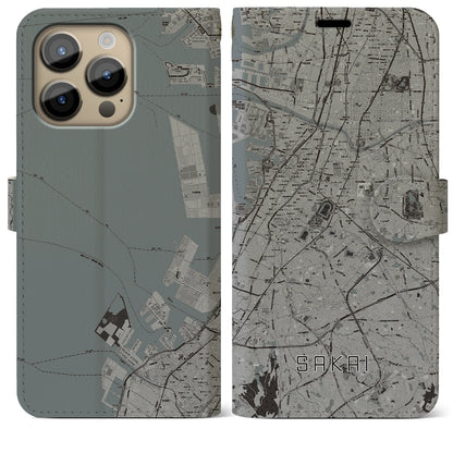 【堺（大阪府）】地図柄iPhoneケース（手帳タイプ）モノトーン・iPhone 14 Pro Max 用