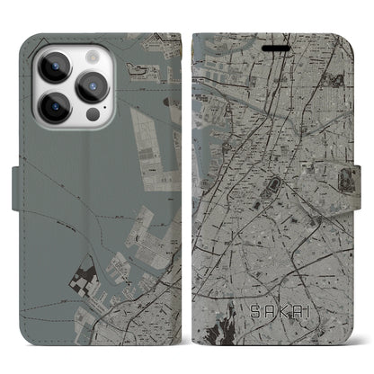 【堺（大阪府）】地図柄iPhoneケース（手帳タイプ）モノトーン・iPhone 14 Pro 用