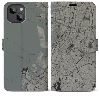 【堺（大阪府）】地図柄iPhoneケース（手帳タイプ）モノトーン・iPhone 14 Plus 用
