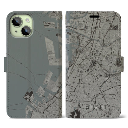 【堺（大阪府）】地図柄iPhoneケース（手帳タイプ）モノトーン・iPhone 15 用