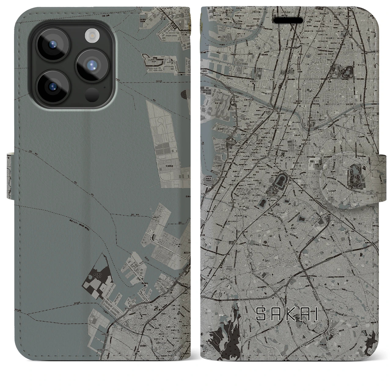 【堺】地図柄iPhoneケース（手帳両面タイプ・モノトーン）iPhone 15 Pro Max 用