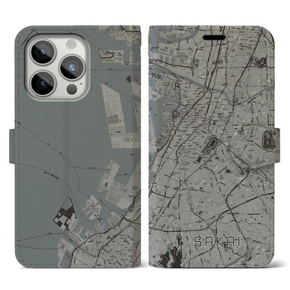 【堺（大阪府）】地図柄iPhoneケース（手帳タイプ）モノトーン・iPhone 15 Pro 用