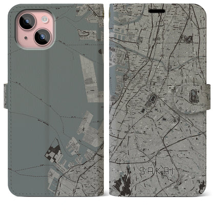 【堺（大阪府）】地図柄iPhoneケース（手帳タイプ）モノトーン・iPhone 15 Plus 用