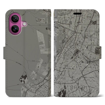 【堺（大阪府）】地図柄iPhoneケース（手帳タイプ）モノトーン・iPhone 16 Pro 用