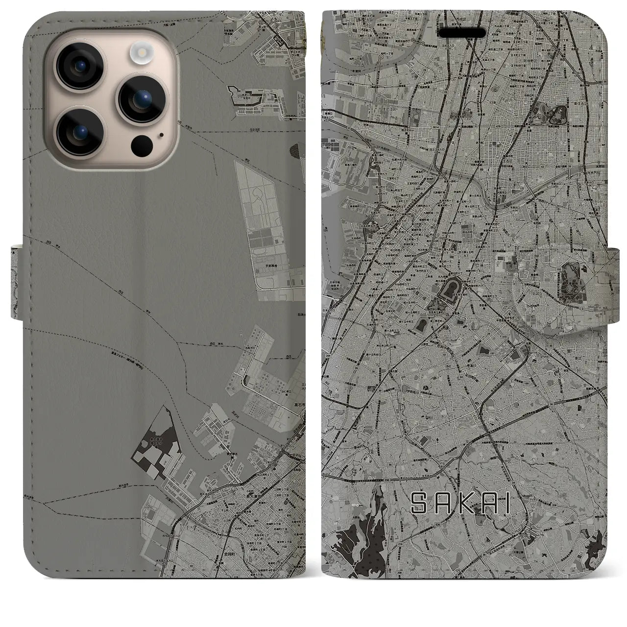 【堺（大阪府）】地図柄iPhoneケース（手帳タイプ）モノトーン・iPhone 16 Plus 用