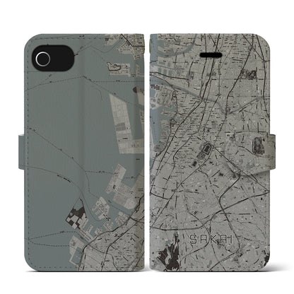 【堺（大阪府）】地図柄iPhoneケース（手帳タイプ）モノトーン・iPhone SE（第3 / 第2世代） / 8 / 7 / 6s / 6 用