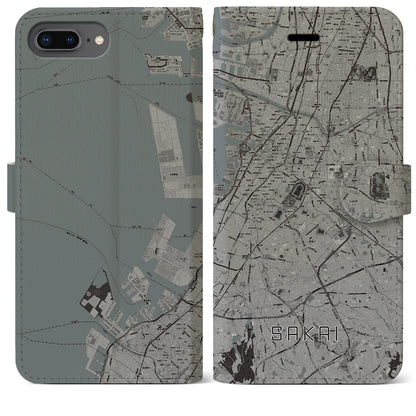 【堺（大阪府）】地図柄iPhoneケース（手帳タイプ）モノトーン・iPhone 8Plus /7Plus / 6sPlus / 6Plus 用