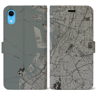 【堺（大阪府）】地図柄iPhoneケース（手帳タイプ）モノトーン・iPhone XR 用