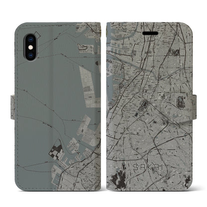 【堺（大阪府）】地図柄iPhoneケース（手帳タイプ）モノトーン・iPhone XS / X 用