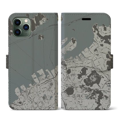 【坂出（香川県）】地図柄iPhoneケース（手帳タイプ）モノトーン・iPhone 11 Pro 用