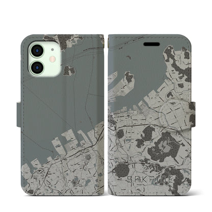 【坂出（香川県）】地図柄iPhoneケース（手帳タイプ）モノトーン・iPhone 12 mini 用