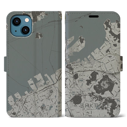 【坂出（香川県）】地図柄iPhoneケース（手帳タイプ）モノトーン・iPhone 13 用