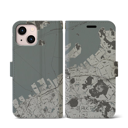 【坂出（香川県）】地図柄iPhoneケース（手帳タイプ）モノトーン・iPhone 13 mini 用