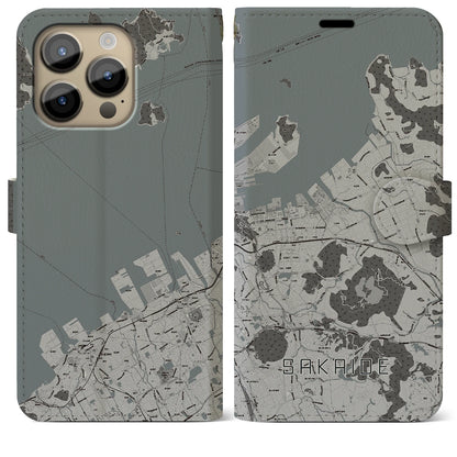 【坂出（香川県）】地図柄iPhoneケース（手帳タイプ）モノトーン・iPhone 14 Pro Max 用