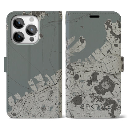 【坂出（香川県）】地図柄iPhoneケース（手帳タイプ）モノトーン・iPhone 14 Pro 用