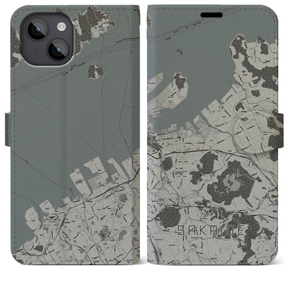 【坂出（香川県）】地図柄iPhoneケース（手帳タイプ）モノトーン・iPhone 14 Plus 用