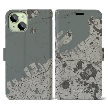 【坂出（香川県）】地図柄iPhoneケース（手帳タイプ）モノトーン・iPhone 15 用