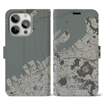 【坂出（香川県）】地図柄iPhoneケース（手帳タイプ）モノトーン・iPhone 15 Pro 用