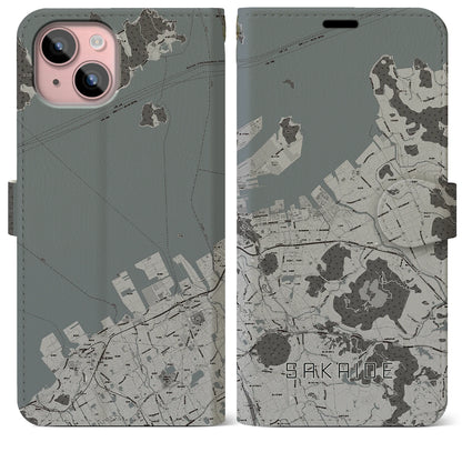 【坂出（香川県）】地図柄iPhoneケース（手帳タイプ）モノトーン・iPhone 15 Plus 用