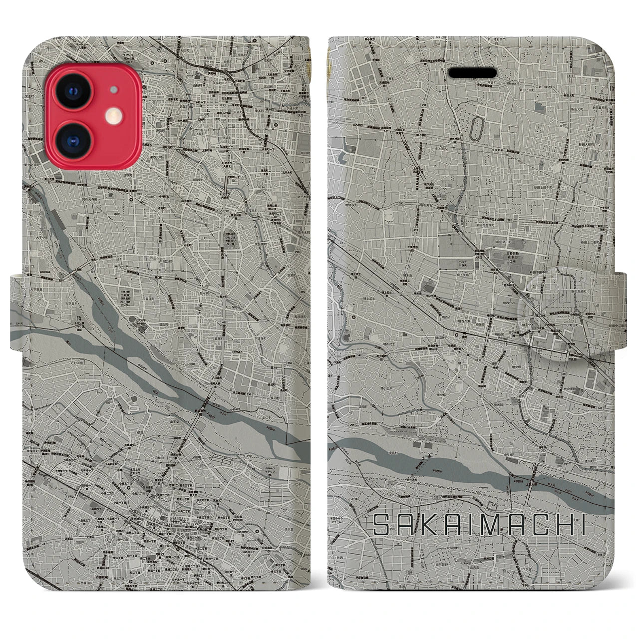 【境町】地図柄iPhoneケース（手帳両面タイプ・モノトーン）iPhone 11 用