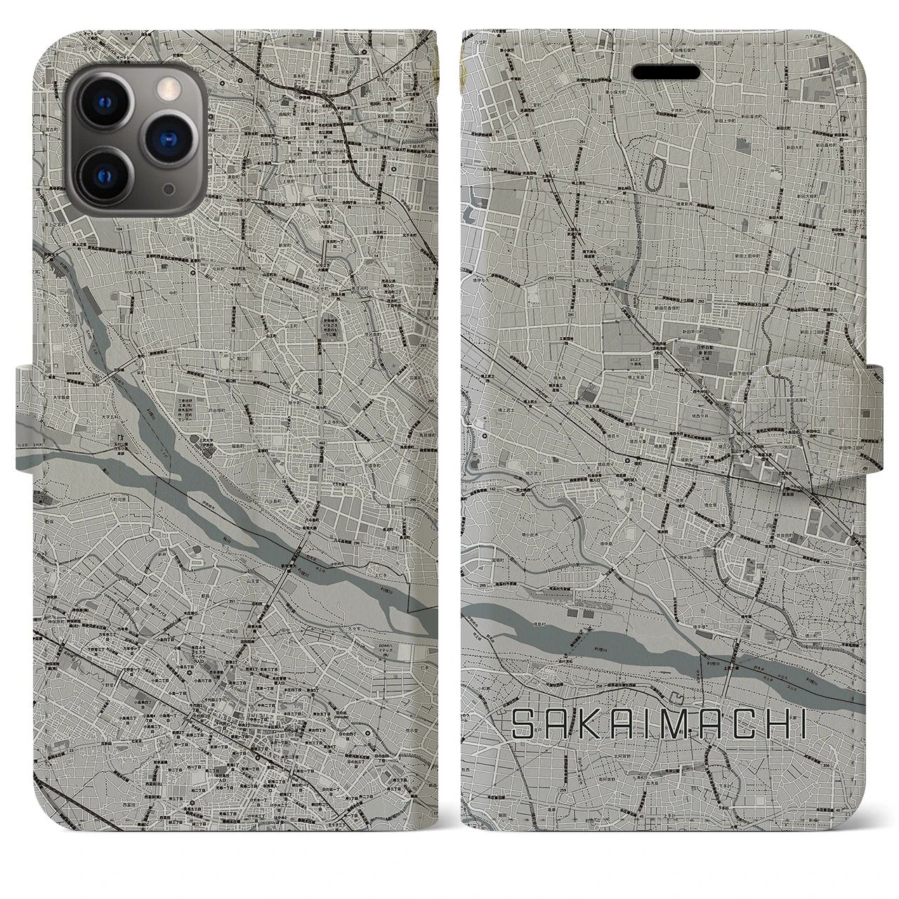 【境町】地図柄iPhoneケース（手帳両面タイプ・モノトーン）iPhone 11 Pro Max 用