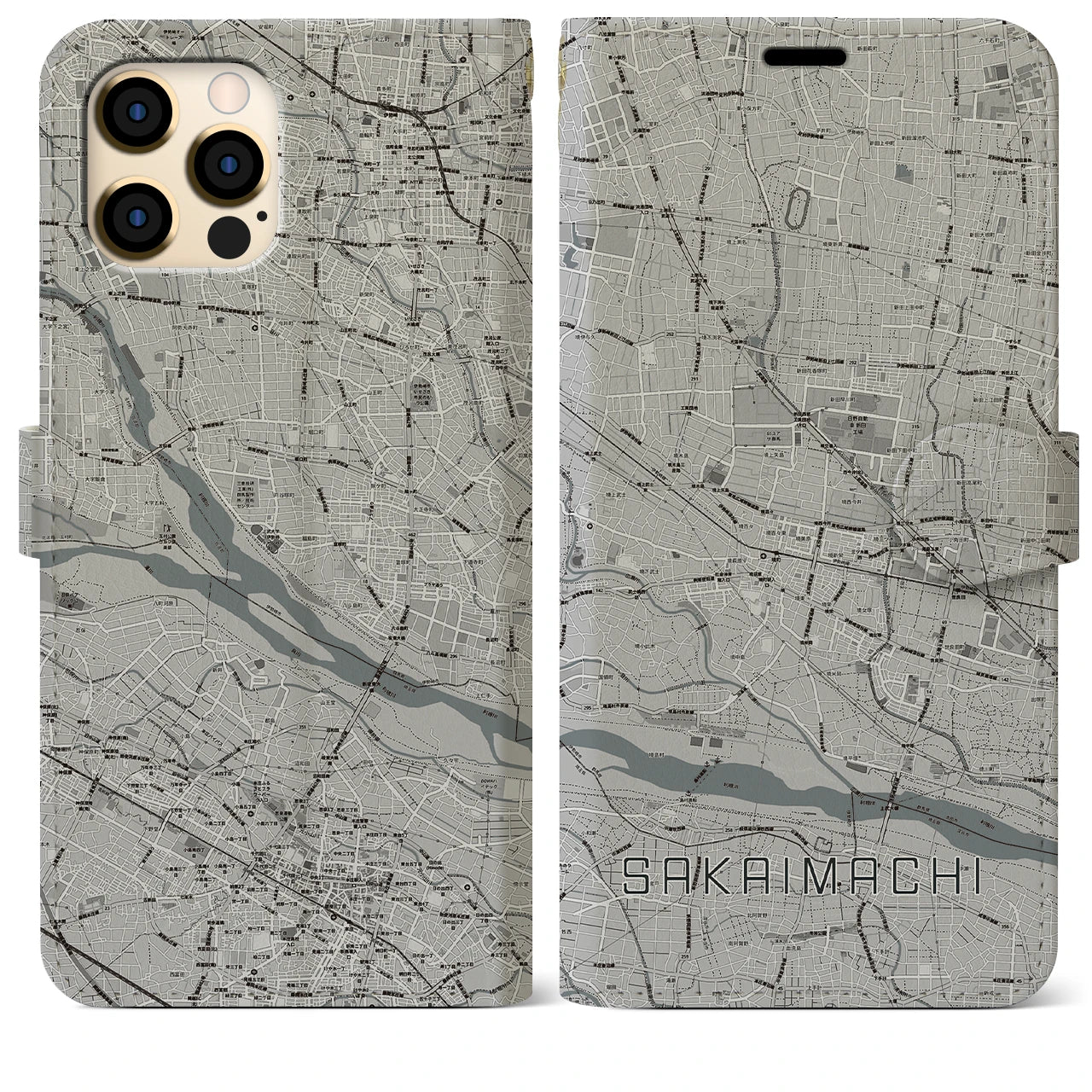 【境町】地図柄iPhoneケース（手帳両面タイプ・モノトーン）iPhone 12 Pro Max 用