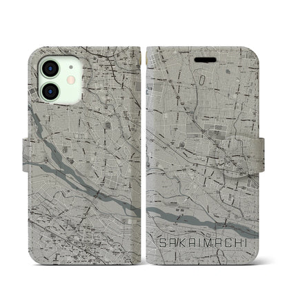 【境町（群馬県）】地図柄iPhoneケース（手帳タイプ）モノトーン・iPhone 12 mini 用