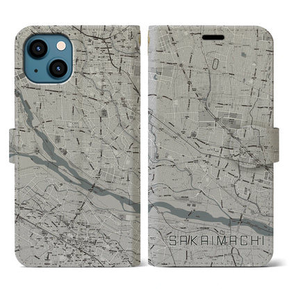 【境町（群馬県）】地図柄iPhoneケース（手帳タイプ）モノトーン・iPhone 13 用