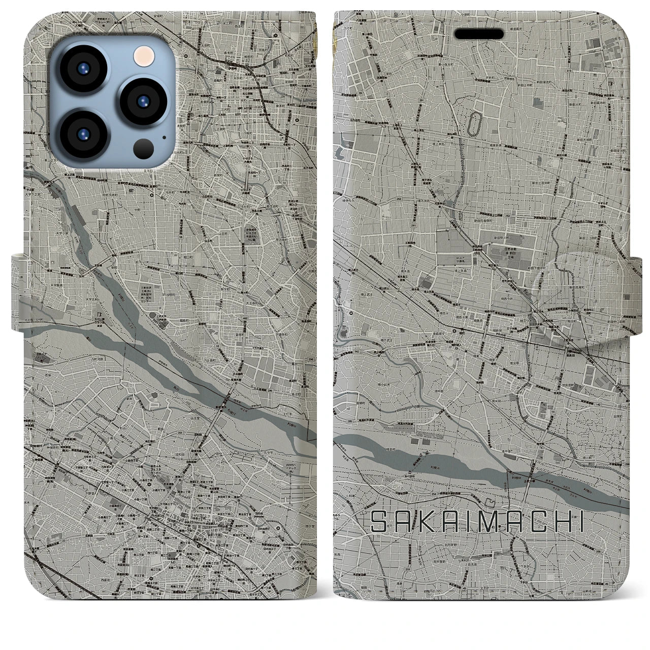 【境町】地図柄iPhoneケース（手帳両面タイプ・モノトーン）iPhone 13 Pro Max 用