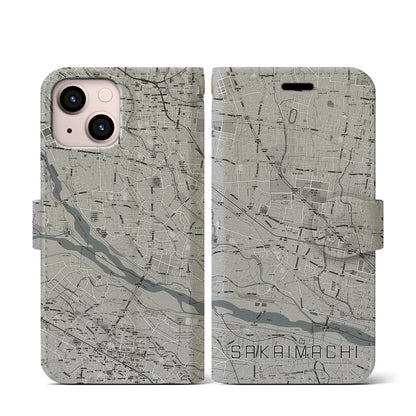 【境町（群馬県）】地図柄iPhoneケース（手帳タイプ）モノトーン・iPhone 13 mini 用