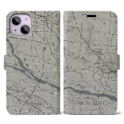 【境町（群馬県）】地図柄iPhoneケース（手帳タイプ）モノトーン・iPhone 14 用