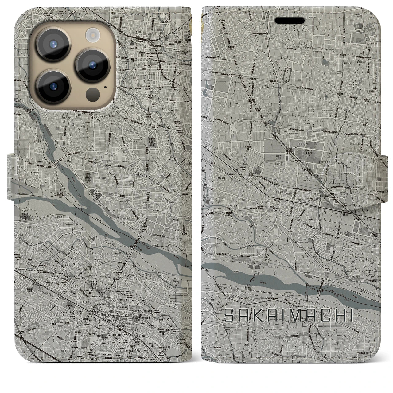【境町】地図柄iPhoneケース（手帳両面タイプ・モノトーン）iPhone 14 Pro Max 用