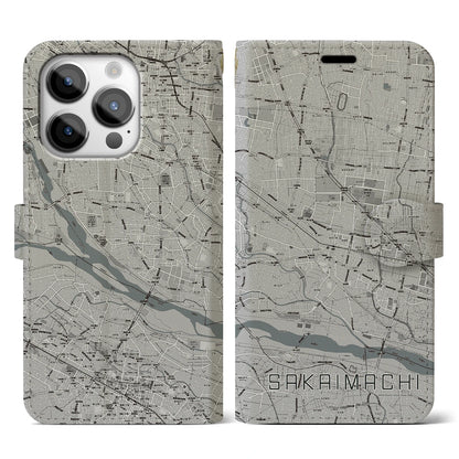 【境町（群馬県）】地図柄iPhoneケース（手帳タイプ）モノトーン・iPhone 14 Pro 用