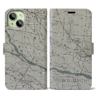 【境町（群馬県）】地図柄iPhoneケース（手帳タイプ）モノトーン・iPhone 15 用