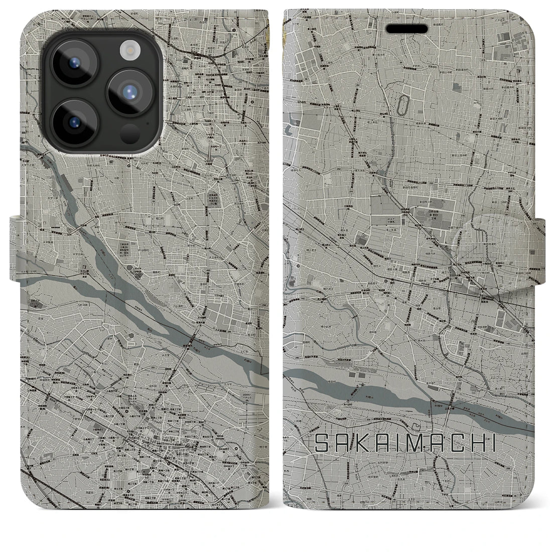 【境町】地図柄iPhoneケース（手帳両面タイプ・モノトーン）iPhone 15 Pro Max 用