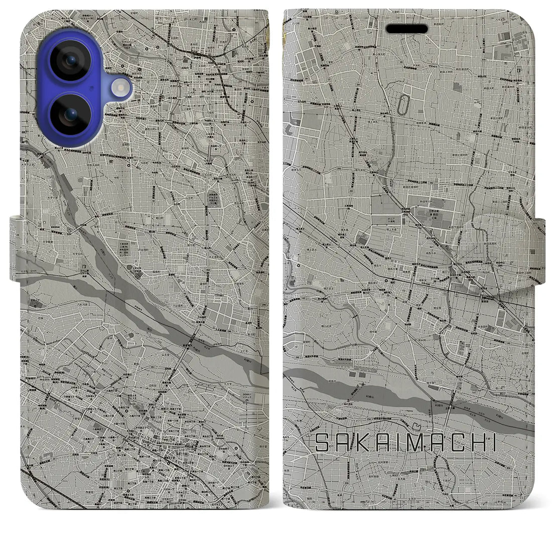 【境町(群馬県)】地図柄iPhoneケース(手帳タイプ)モノトーン・iPhone 16 Pro Max 用