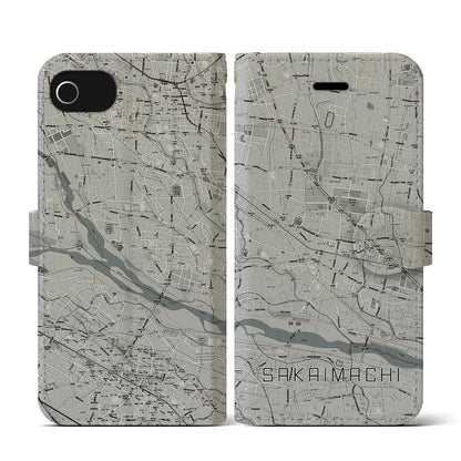 【境町（群馬県）】地図柄iPhoneケース（手帳タイプ）モノトーン・iPhone SE（第3 / 第2世代） / 8 / 7 / 6s / 6 用