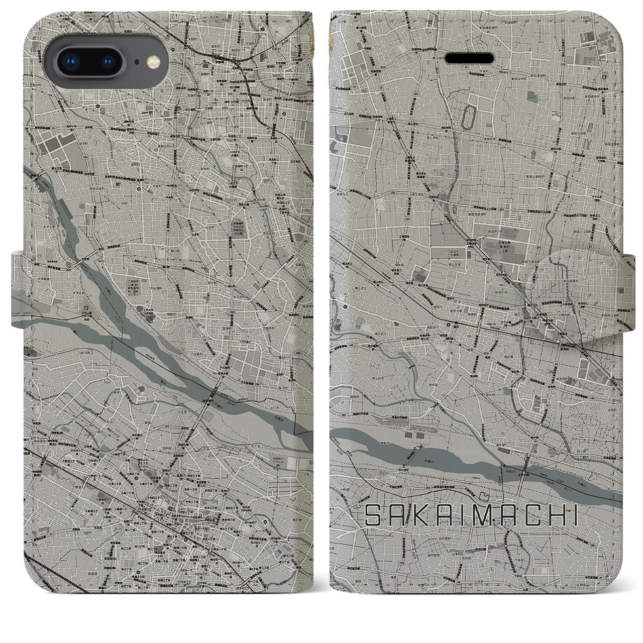 【境町】地図柄iPhoneケース（手帳両面タイプ・モノトーン）iPhone 8Plus /7Plus / 6sPlus / 6Plus 用