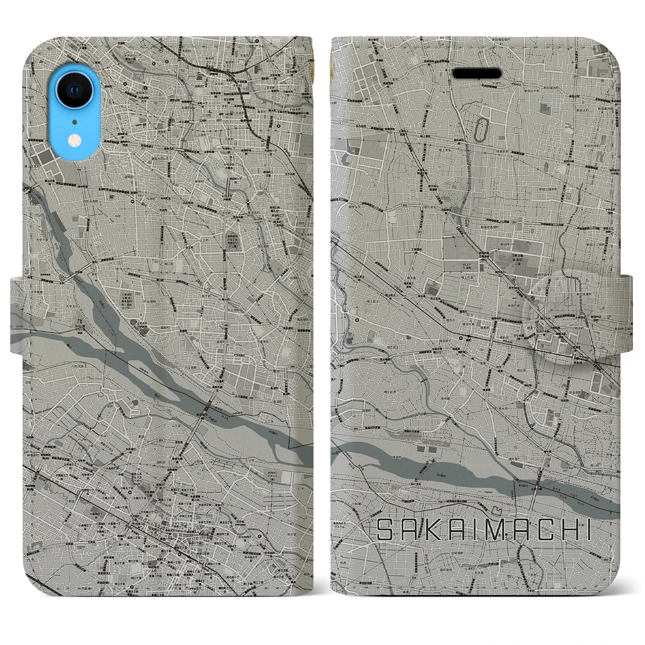【境町】地図柄iPhoneケース（手帳両面タイプ・モノトーン）iPhone XR 用