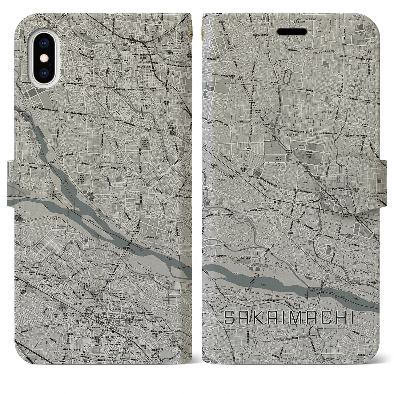 【境町】地図柄iPhoneケース（手帳両面タイプ・モノトーン）iPhone XS Max 用