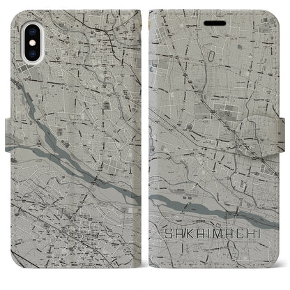 【境町（群馬県）】地図柄iPhoneケース（手帳タイプ）モノトーン・iPhone XS Max 用